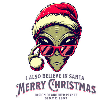 Print design Christmas alien with Santa hat and gift, Ufo collection mars vintage