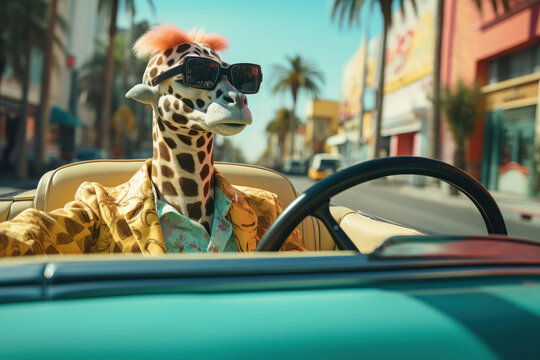 Get ready for a wild ride with a fun giraffe behind the wheel! A quirky and humorous animal adventure on the streets is AI Generative.