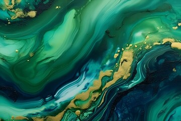 Abstract green and gold marble texture, fluid art painting background with swirling colors.