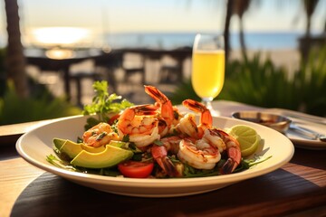 Shrimp, Avocado, Tomato and Cilantro Salad. Grilled prawns on black plate.
