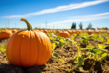 Celebrate the harvest season with an idyllic pumpkin patch under a bright blue sky. Nature's bounty in its most colorful form is AI Generative.