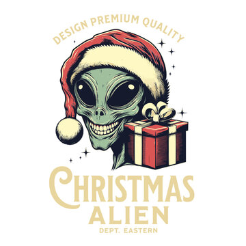 Print design Christmas alien with Santa hat and gift, Ufo collection mars vintage