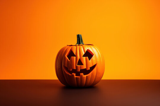 A festive and joyful jack-o-lantern pumpkin, bringing the spirit of Halloween to life on an orange background. AI Generative.