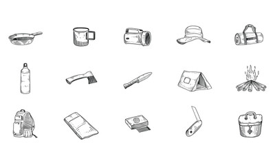 Fototapeta premium camping equipment handdrawn collection