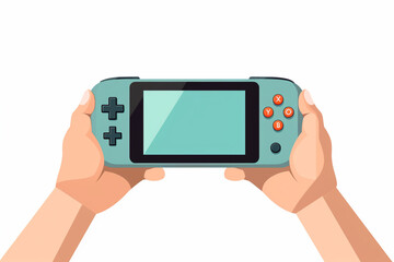 The graphic flat vector and illustration of gamer hands holding a modern handheld portable console for game play isolated on a simple white background. Generative AI.