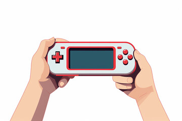 The graphic flat vector and illustration of gamer hands holding a modern handheld portable console for game play isolated on a simple white background. Generative AI.