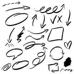 Big set collection illustration of different arrows. Thick, thin, rough, hand-drawn, curled, straight, small, long, doodle