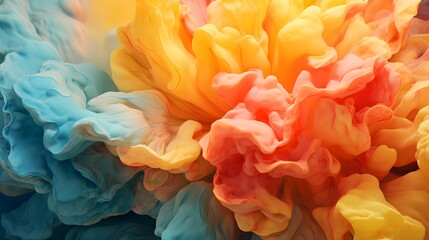 Abstract colorful background with flowing paint in orange, pink, and blue hues, resembling soft clouds or waves.