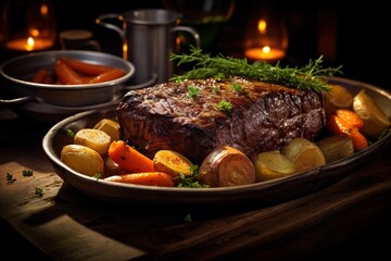 Beef stew portion in a big bowl on the rusty wooden table close-up view, goulash dinner with bread, tasty meat dish with carrots and potato