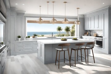 a coastal luxury kitchen, featuring beachfront views, light color palettes, and a sense of relaxed elegance with grey background