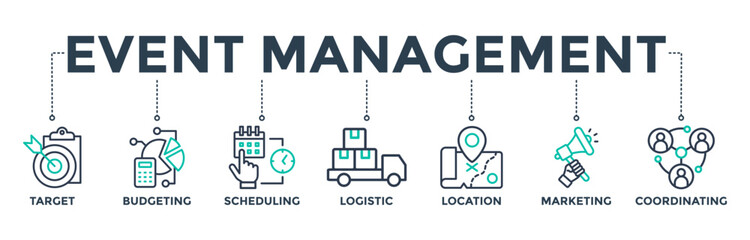 Event management banner web icon concept with the icon of the target, budgeting, scheduling, logistics, location, marketing, and coordination. Vector illustration