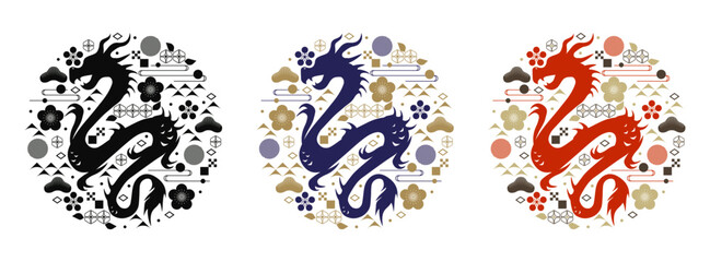 2024年辰年テンプレートセット　龍のシルエットイラスト　年賀状　おしゃれ　素材