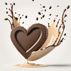 3D render of an isolated heart shaped Chocolate truffle with impactful Splash and chocolate drops and ripple cocoa powder and nuts and milk flow ice cream