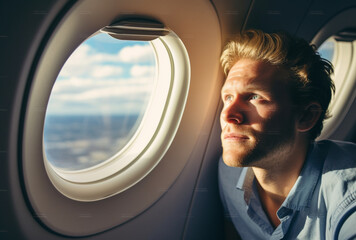 Handsome American Caucasian man flying on a plane and looking out the window. Ai generated images - obrazy, fototapety, plakaty