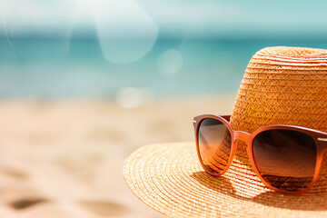 Straw hat and sunglasses on the beach, embodying the concept of a relaxing beach holiday.