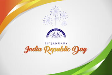 Fototapeta na wymiar Elegant Happy India Republic Day Banner. Design with Tricolor Dynamic Background, Ashoka Wheel. India Flag and Independence Day Vector Illustration Template