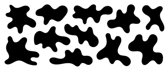 Abstract organic shapes collection. Irregular liquid forms set. Black amoeba blobs, blotches, drops or stains bundle. Different design elements for decor, sticker, banner, bubble, collage. Vector pack