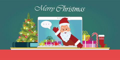 Santa Claus hand greeting via video calling on the laptop. - obrazy, fototapety, plakaty