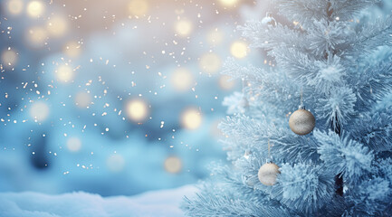 Fototapeta na wymiar Christmas Tree With Ornaments In Blue And Bokeh Lights: Defucused Holiday Christmas Background