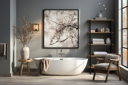 Create a serene bathroom scene with harmonious color swatches, featuring a modern bathtub, fluffy towels, and natural elements, reflecting the latest 2024 color trends