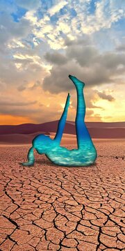 Video of blue yoga posture in the middle of the desert, in orange tones, with moving clouds. Ideal for topics such as the environment and the relationship between human beings and their environment.
