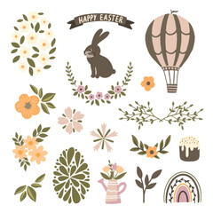Happy Easter, set of vector design elements. Easter cute bunny with colored eggs. Adorable Easter bunny with traditional holiday decor and calligraphy lettering. Set of Easter signs.