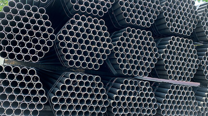 Steel pipes are placed in factory, steel pipe for fabrication,Stacked together of steel tube,...