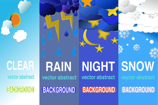 Vertical posters set with fluffy clouds. Weather forecast app widgets. Thunderstorm, rain, sunny day, night and winter snow. Vector illustration. Paper cut style. Text for free style