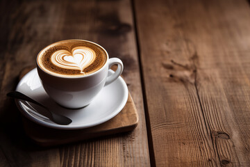 White cup of hot coffee on a saucer on rustic wooden table
