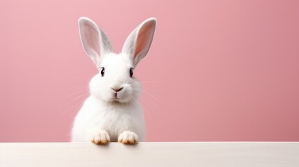White cute rabbit sitting on pink background.