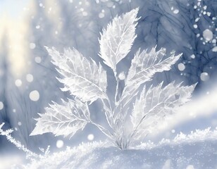 Winter Elegance: White Transparent Skeleton Leaf on Snow, Beautiful Texture, Digital Art