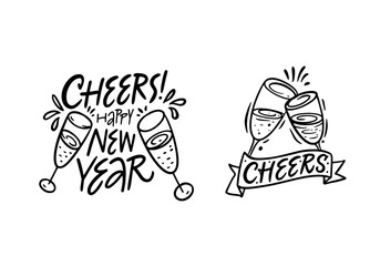 Cheers happy New Year and Cheers sign black color lettering phrases set.