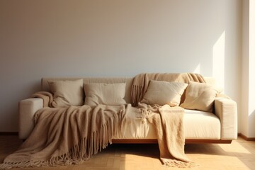Beige sofa, floor blanket, empty space on one side for plaid