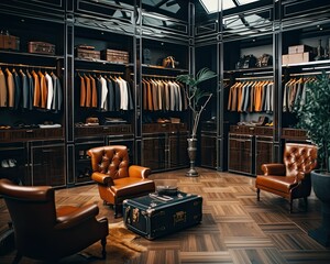 high-end boutique, wooden shelves, leather armchairs, clothing racks, tailored suits, sophisticated atmosphere, herringbone floor, vintage charm luxury menswear interior, vintage fashion boutique, 