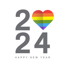 Happy New Year 2024. LGBTQ Pride banner. Love with Heart Rainbow. LGBTQ rainbow flag. Vector illustration