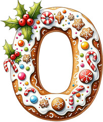 letter O christmas gingerbread cookies alphabet, xmas letter in holiday font cute watecolor style