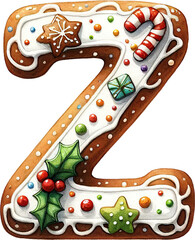 letter Z, christmas gingerbread cookies alphabet, xmas letter, holiday font, cute watecolor style, candy cane , holly berry, snow icing sugar. decerative gift for card, craft, shirt, mug, DIY paper