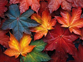 Naklejka na ściany i meble Autumn Dew: Vibrant Maple Leaves with Water Droplets, A Seasonal Mosaic