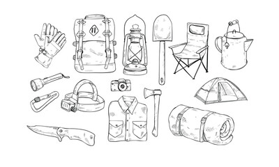 camping equipment handdrawn collection