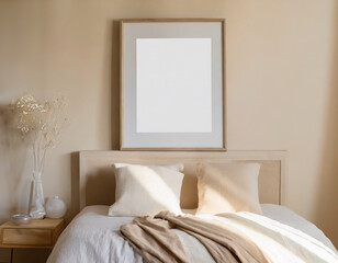 minimalist photo frame mock up on bedroom with beige wall, natural lighting, beige and white