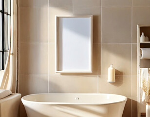 minimalist photo frame mock up on bathroom with beige wall, natural lighting, beige and white