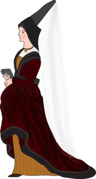 Illustration of a medieval Burgundian woman wearing conical hennin and holding book.