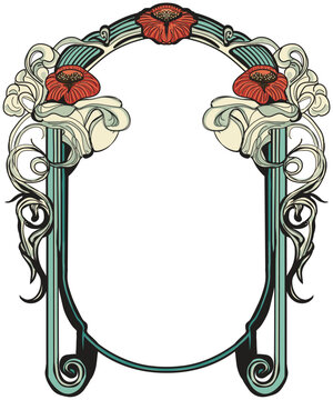Red poppy art nouveau style frame, black line work