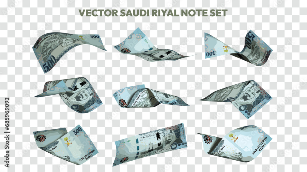 Aufkleber Vector illustration of set of Saudi riyal notes flying in different angles and orientations. Currency note design in Scalable eps format