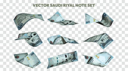 Vector illustration of set of Saudi riyal notes flying in different angles and orientations. Currency note design in Scalable eps format - obrazy, fototapety, plakaty