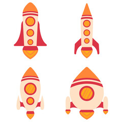 Spaceship Rocket In Different Shape. Isolated On White Background. Vector Illustration Collection. 