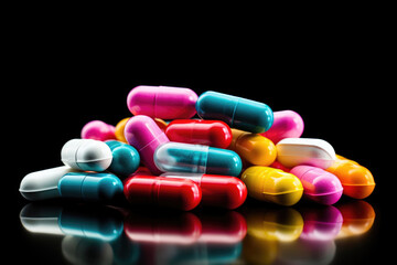 Colorful pharmaceutical vitamin tablets on black background