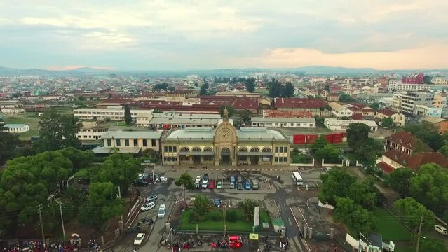 Aerial view of the Soarano train station in Antananarivo capital and largest city in Madagascar. Front of the old train station on Independence Avenue.