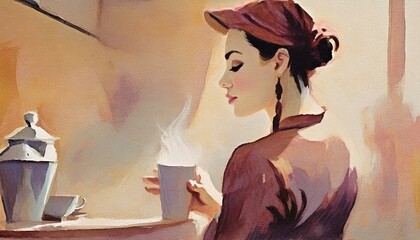 カフェで寛ぐ女性　コーヒーを飲む女性　イラスト