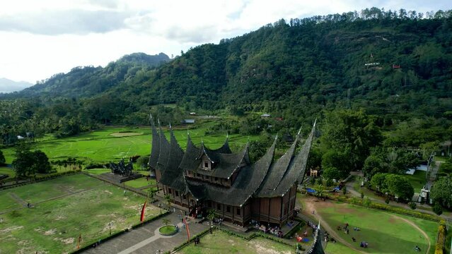 Aerial View of Pagaruyung Palace (Minangkabau: Istano Basa Pagaruyuang) is the istana (royal palace) of the former Pagaruyung Kingdom, near Batusangkar town, Tanah Datar Regency.